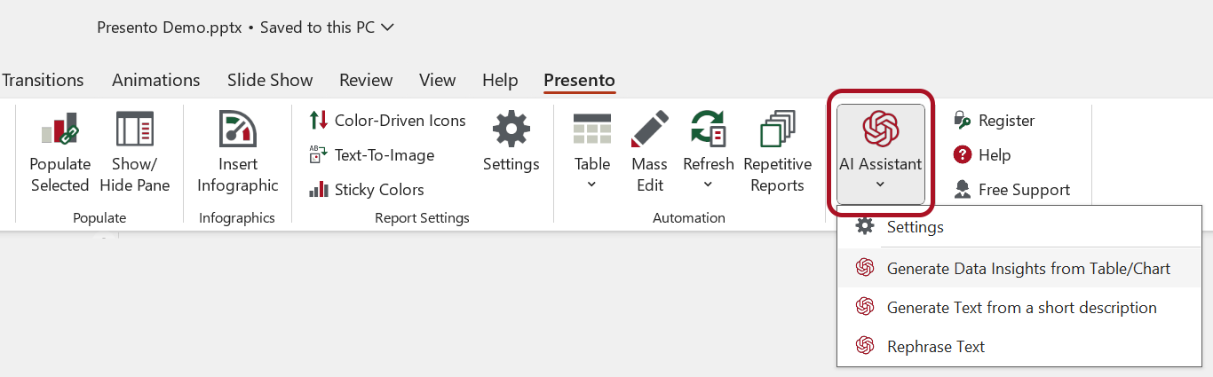 Ai Assitant in the Presento Ribbon Tab