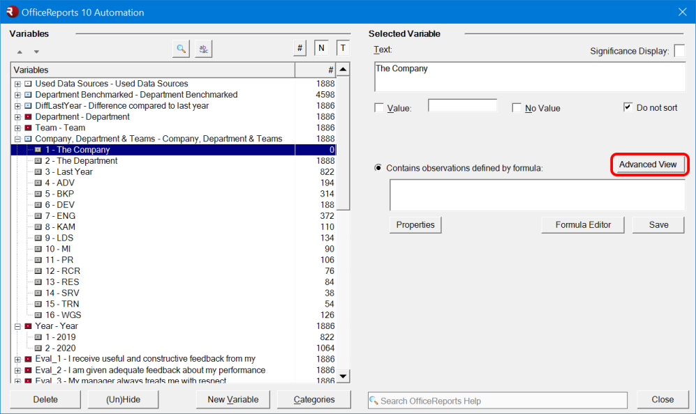 Advanced View in the Data editor