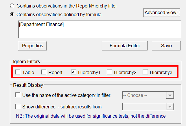 Table filtering option for a variable