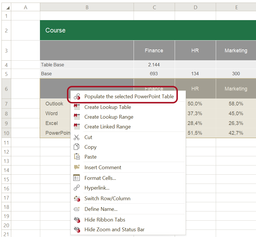 Populate Table popup menu