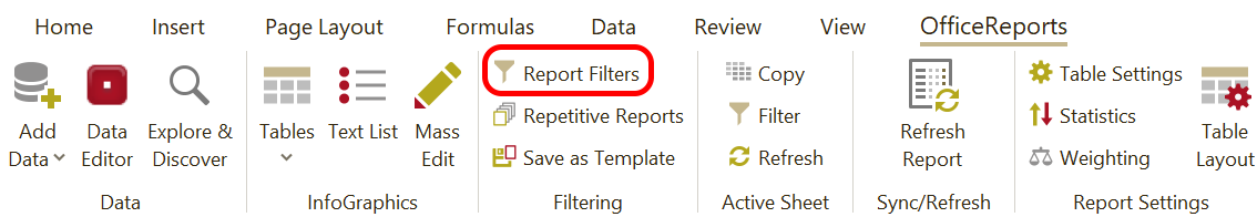 Report Filters in the OfficeReports Ribbon Tab