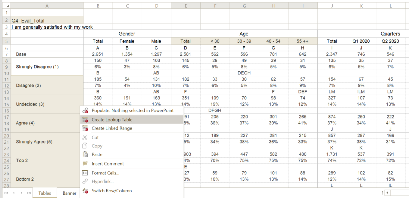 Create Lookup table popup menu