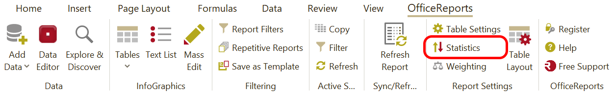 Statistics in the OfficeReports Ribbon Tab