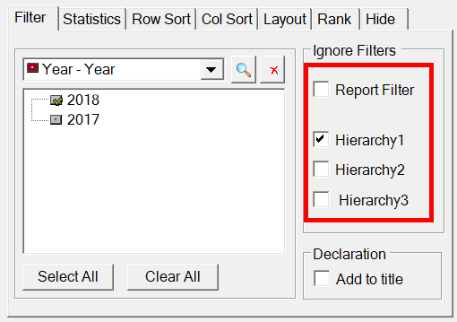 Filtering definition for a crosstab