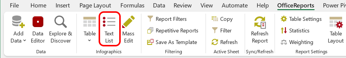 Verbatim Lists in the OfficeReports Ribbon Tab